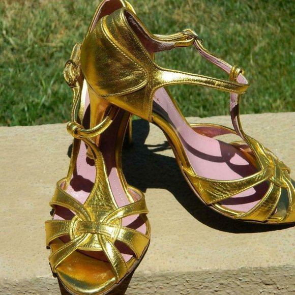 BCBG Max Azria Gold Metalic Leather MaryJane Strappy Spike Heel Sandal Shoes 8.5 - Picture 3 of 10
